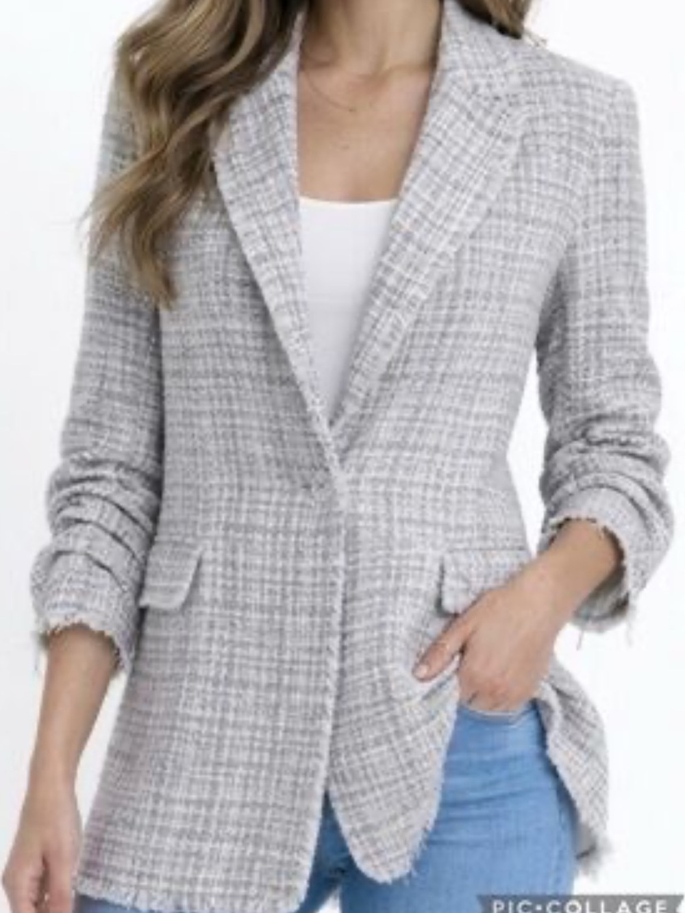 MAISON D’AMELIE PARIS Blue Ivory Wool Blend Tweed Long Line Blazer 2 $200 EUC